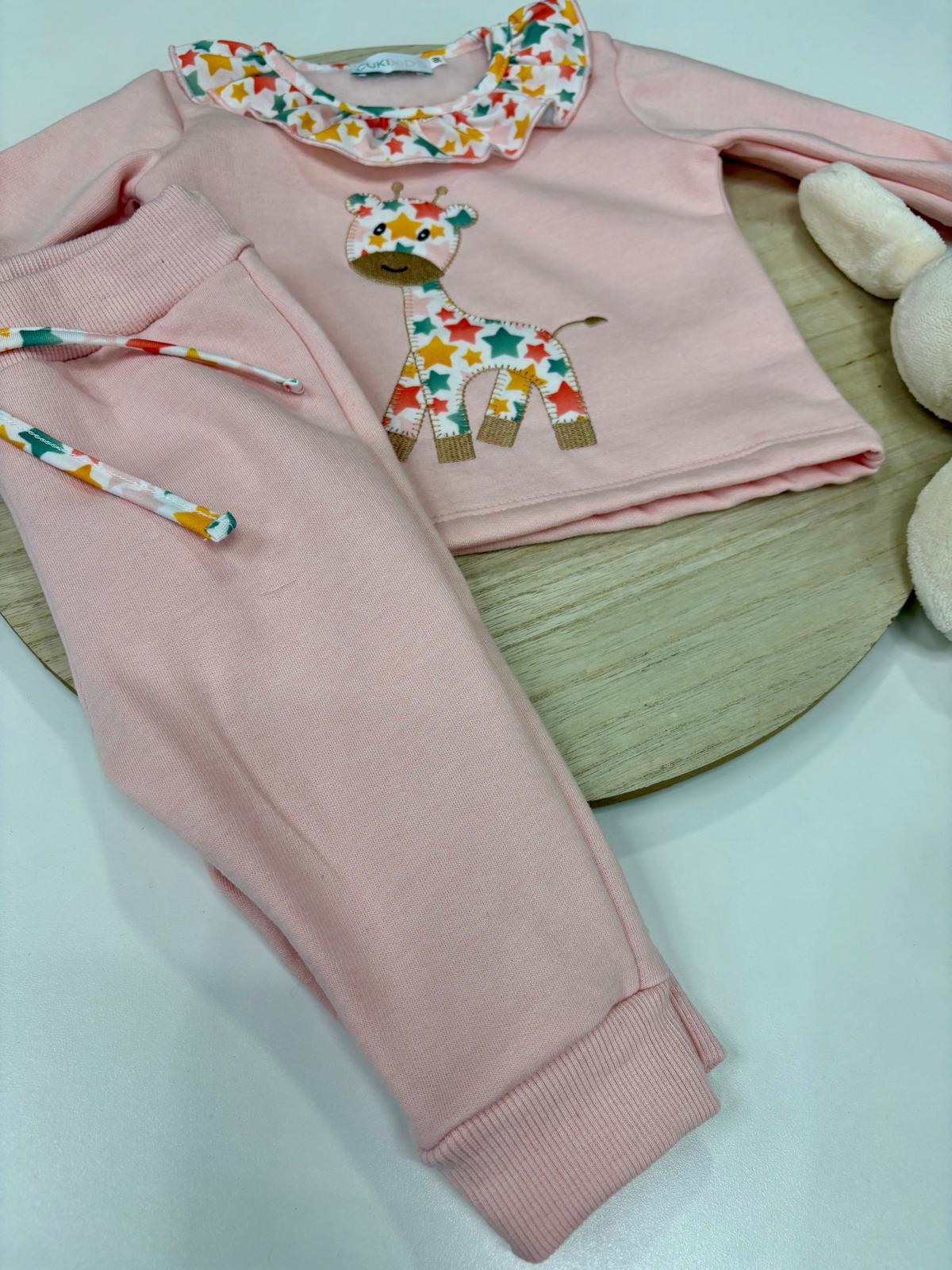 Chándal bebé niña rosa con jirafa y cuello volante – 2 piezas sudadera y pantalón | 6-48 meses