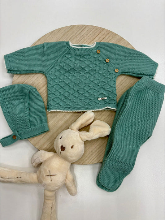 Conjunto primera puesta bebé 3 piezas verde mint con capota y botones laterales – 00 prematuro a 6 meses