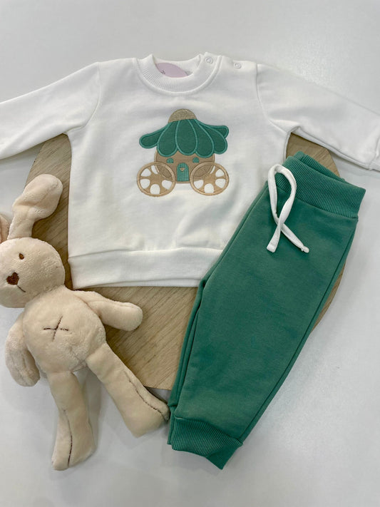 Chándal bebé niño blanca y verde agua con carroza 👑 | 6-48M