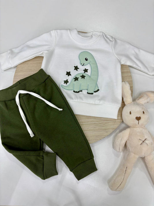 Chándal bebé niño sudadera blanca con dinosaurio y pantalón verde – 6-48 meses