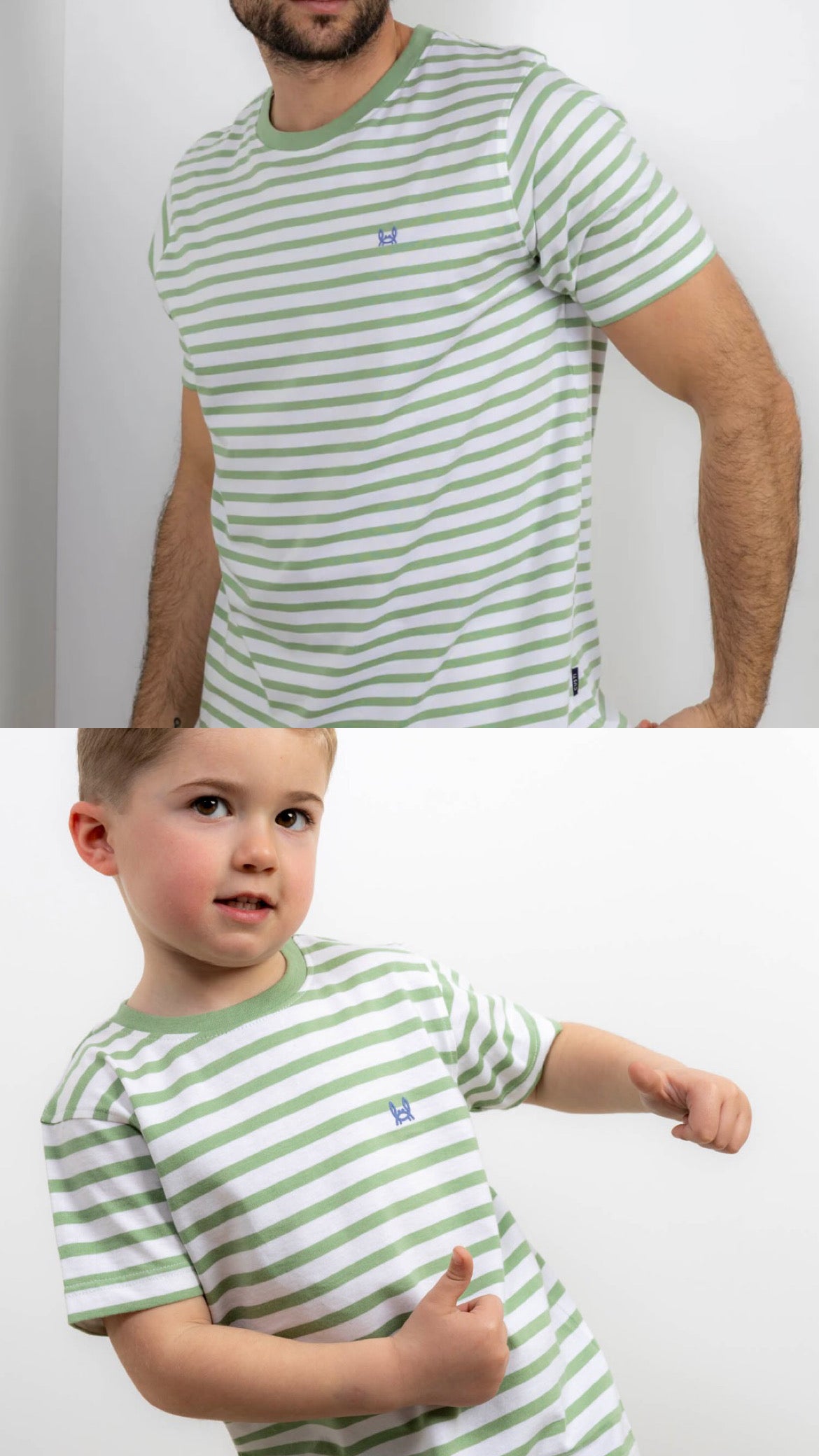 Camiseta rayas verde y blanco para papá e hijo tallas Custi Mikelo tallas 4-14 y S-2Xl