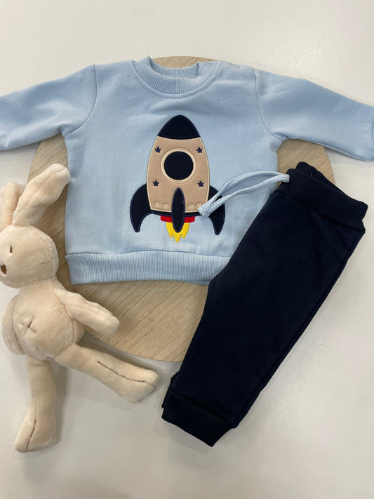 Chándal bebé niño celeste con dibujo de cohete 🚀 interior calentito | 6-48M