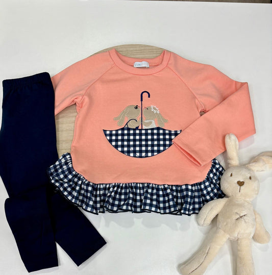 Conjunto niña mayor sudadera coral con conejitos con volantes y leggins marino | 2-10 años