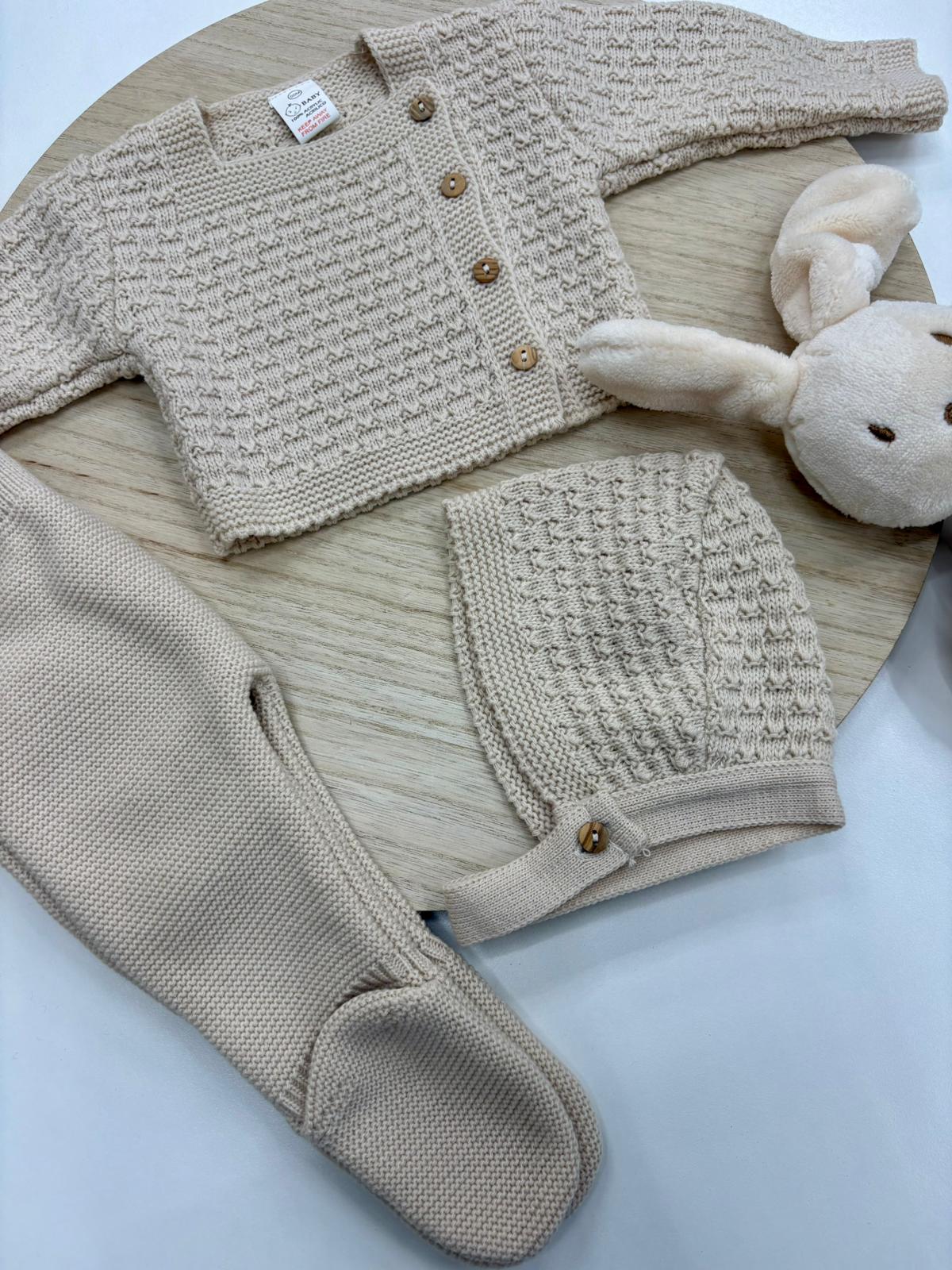 Conjunto primera puesta bebé 3 piezas crudo con polaina, chaqueta y capota – 0 a 6 meses