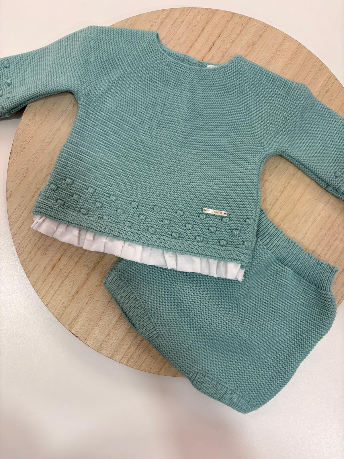 Conjunto de Lana Verde Mint con Jersey de Puntilla y Cubrepañal para Bebé | 1 a 24 Meses