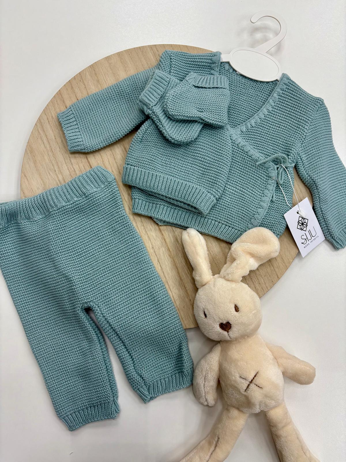 Conjunto 4 Piezas Bebé Recién Nacido Mint | Lazo Lateral y Cuello Pico