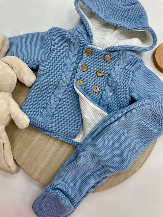 Conjunto Chaqueta y Polaina de Lana para Bebé – Bicolor Celeste y Crudo con Capucha (3-12 meses) 💙🍼