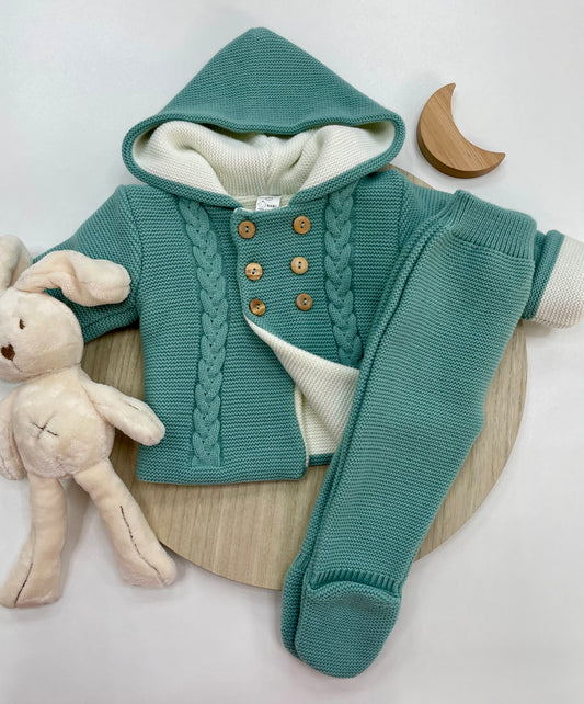 Conjunto Chaqueta y Polaina de Lana para Bebé – Color Mint con Capucha (3-12 meses) 💚🍼