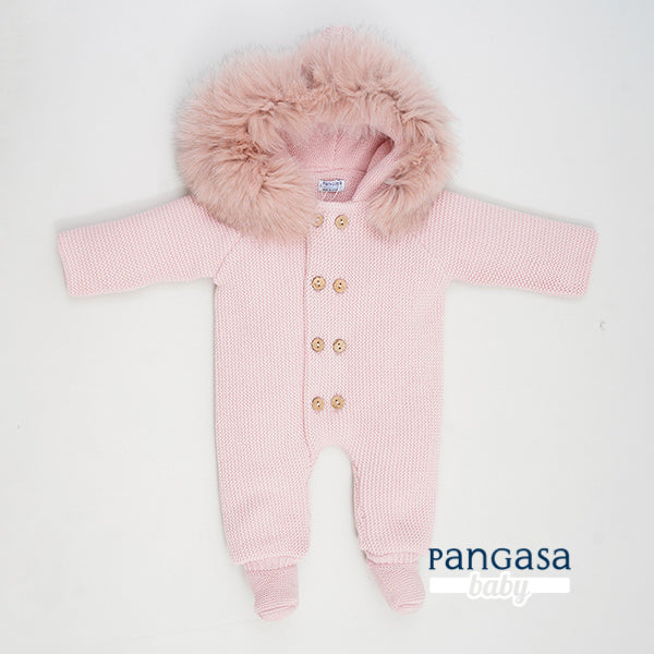 Buzo con pie doble Rosa Empolvado Pangasa Baby 🌸 0-6M | Capucha con pelito desmontable
