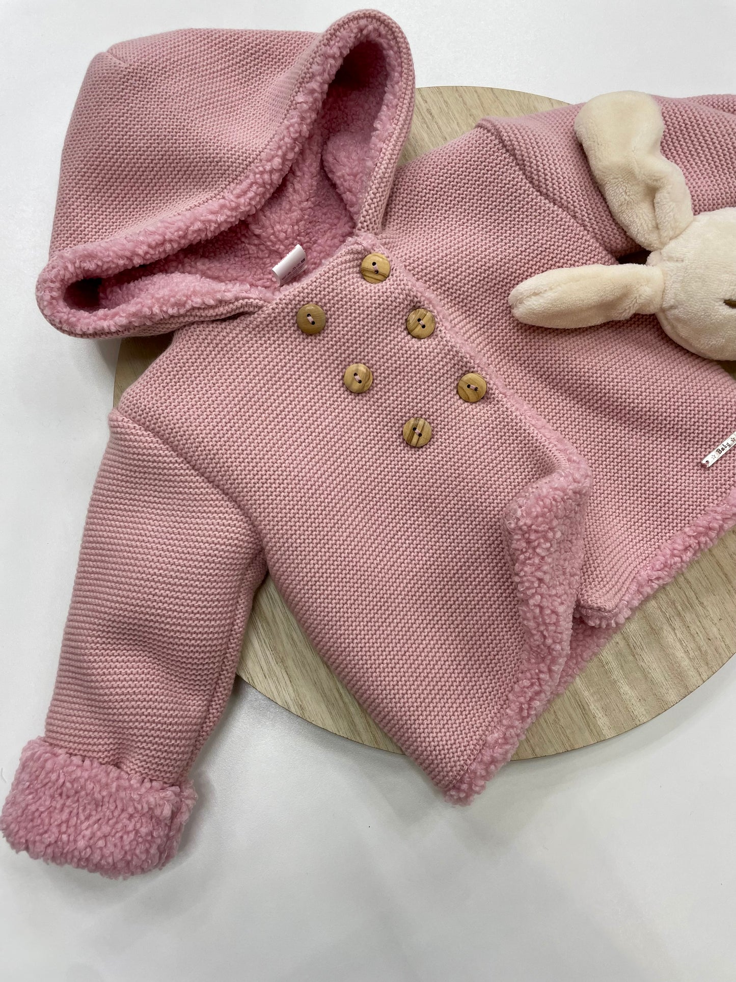 Chaqueta bebé lana rosa empolvado con borreguito interior y capucha | Tallas 6-24 meses