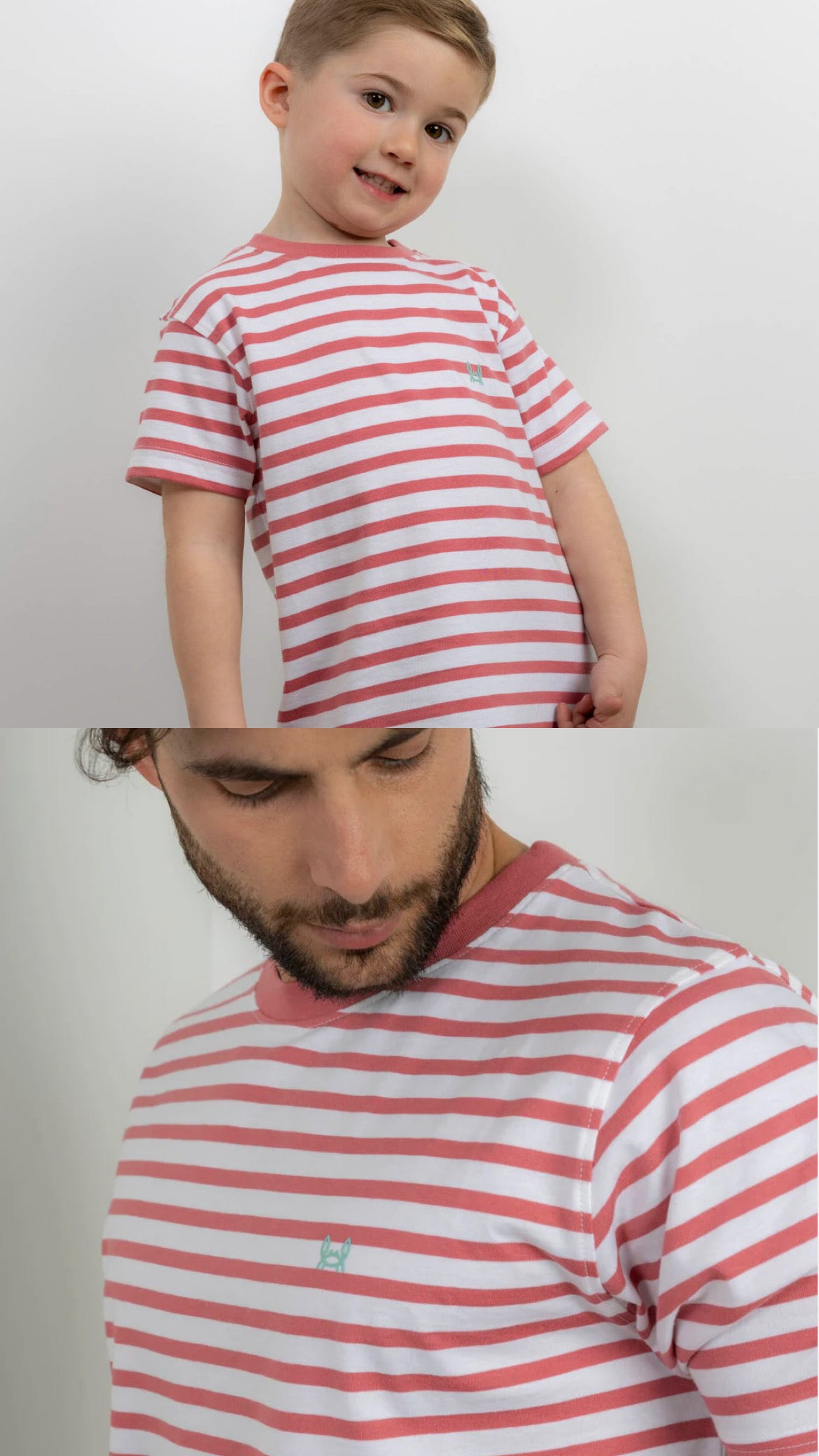 Camiseta rayas coral y blanco para papá e hijo tallas Custi Mikelo tallas 4-14 y S-2Xl