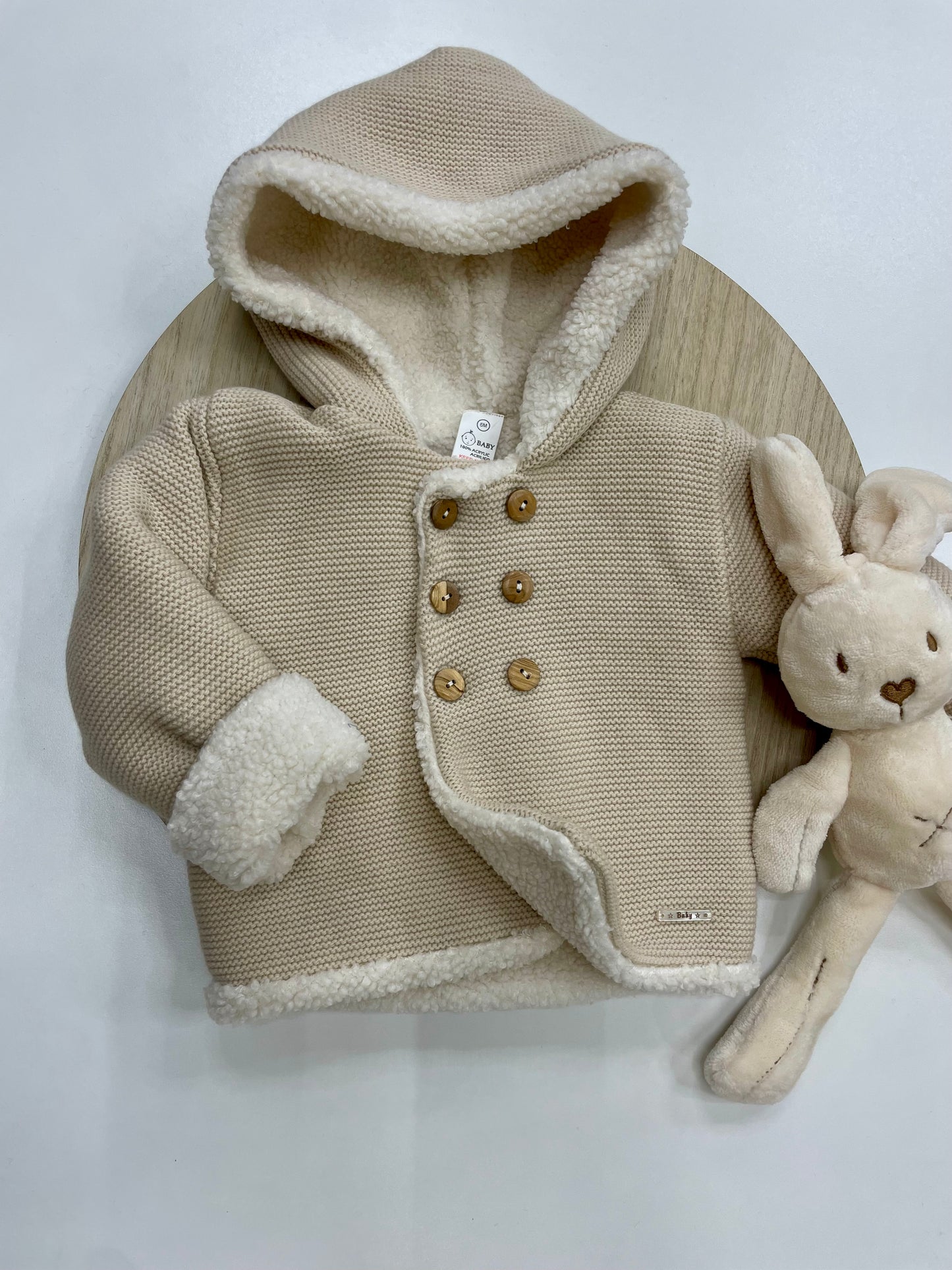 Chaqueta bebé lana crudo con borreguito interior y capucha | Tallas 6-24 meses