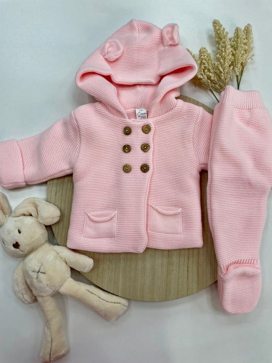 Conjunto Chaqueta y Polaina de Lana para Bebé – Rosa Bebé con Capucha y Orejitas (3-12 meses) 🐻💗