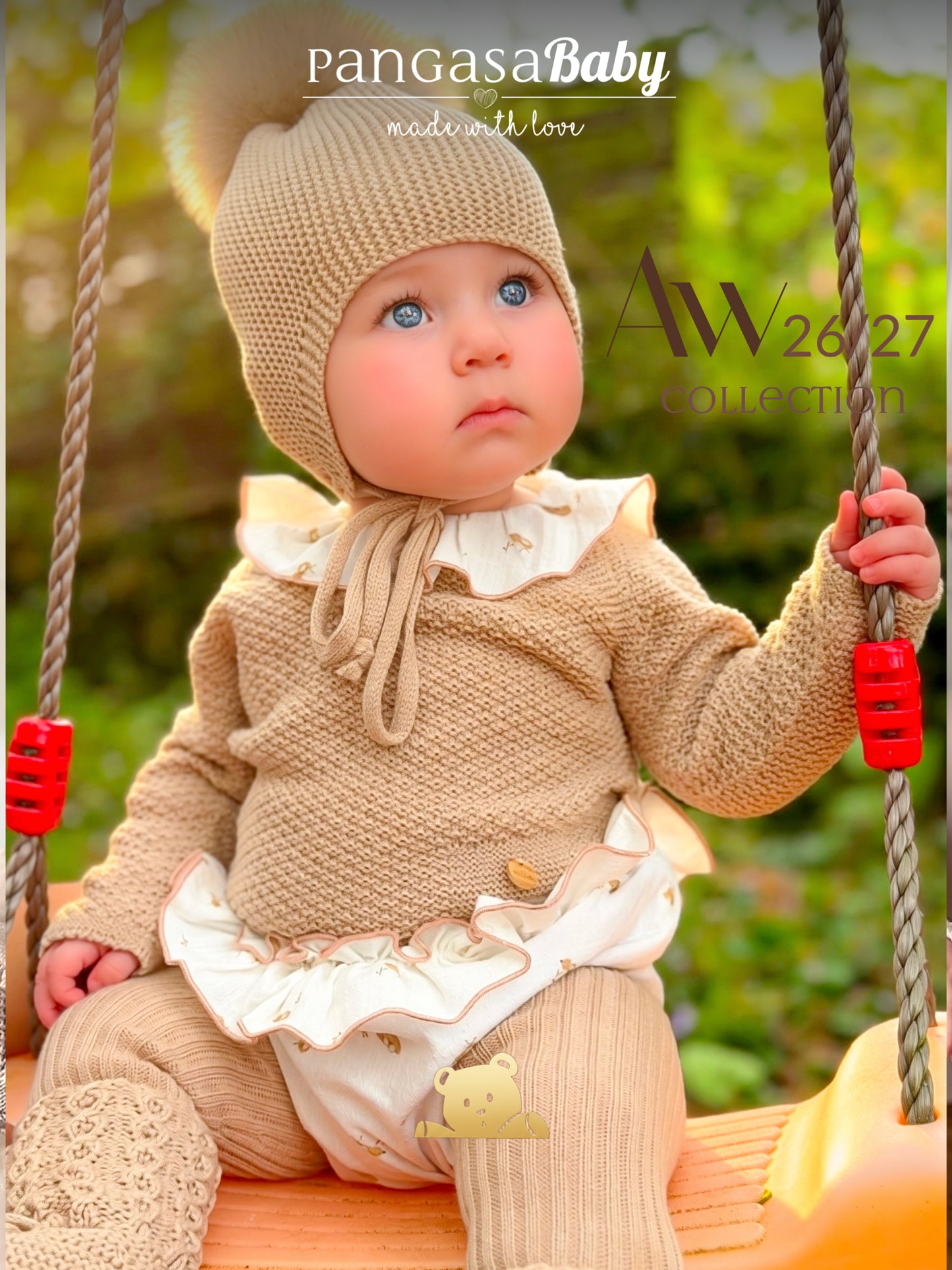 Gorro Orejero Aviador Arena Pangasa Baby 🏜️ 3-36M | Con pompón desmontable