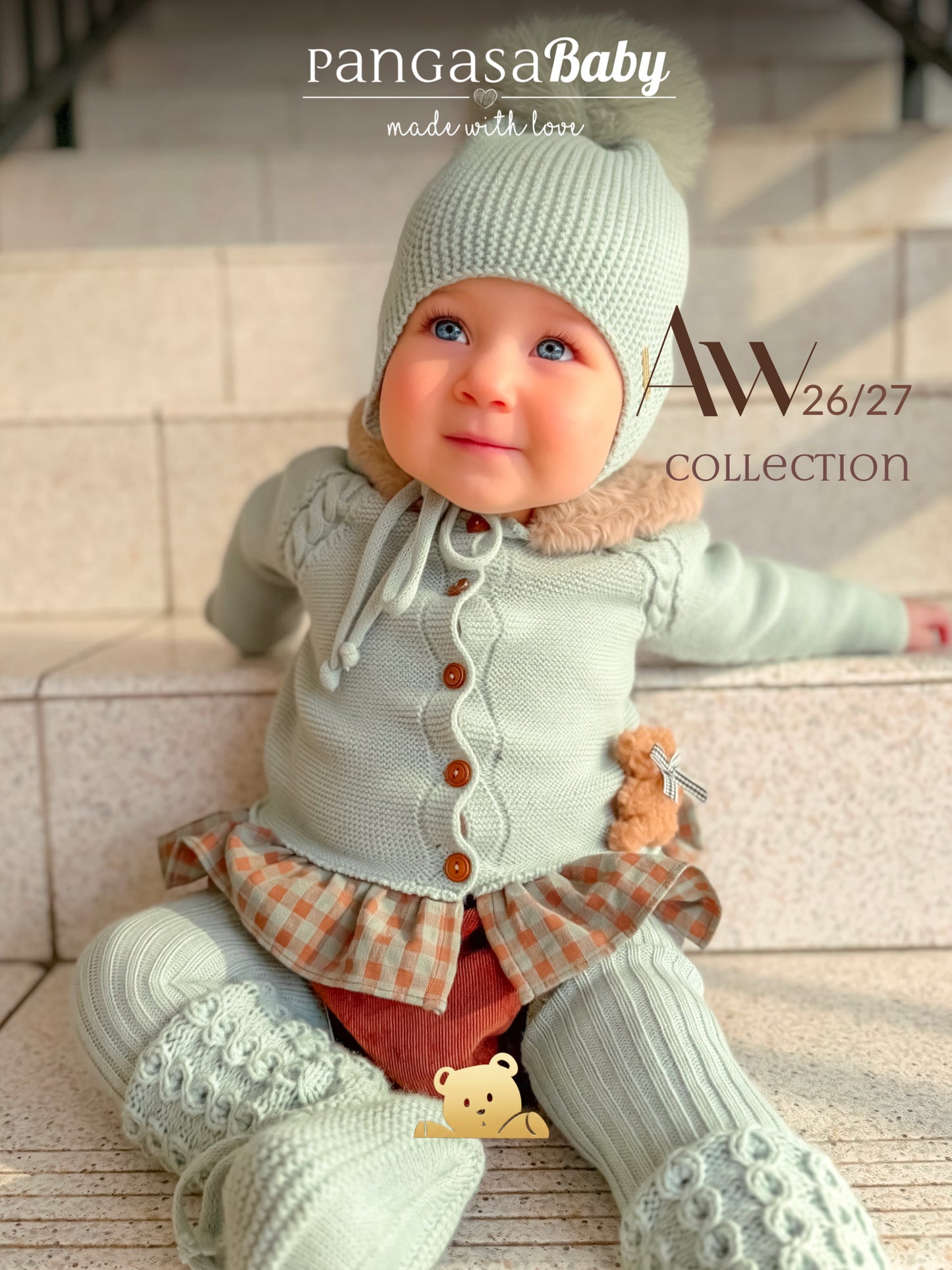 Gorro Orejero Aviador Verde Mint Pangasa Baby 🌿 3-36M | Con pompón desmontable