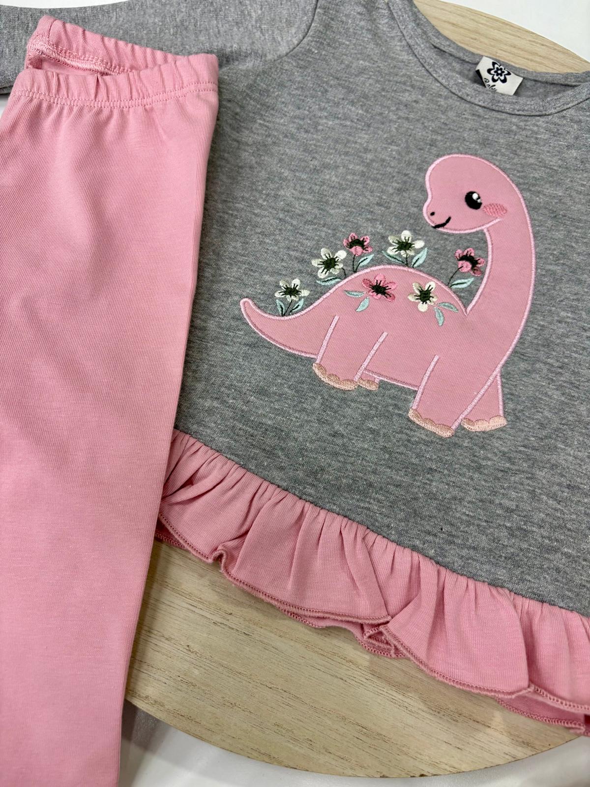 Chándal bebé niña rosa con dinosaurio – 2 piezas camiseta y leggins | 6-48 meses