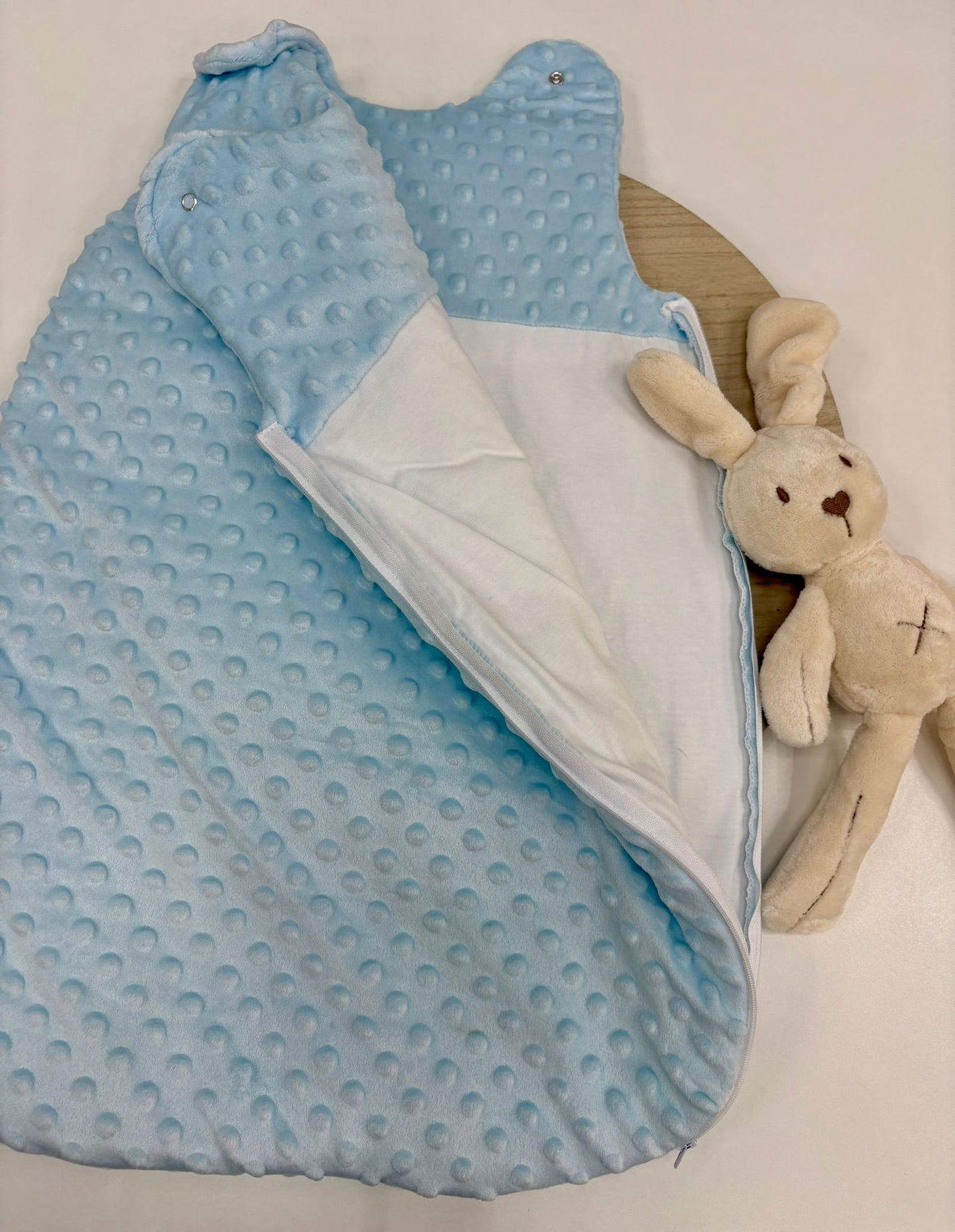 Saco para dormir bebé con cremallera lateral | Colores rosa empolvado, crudo y celeste