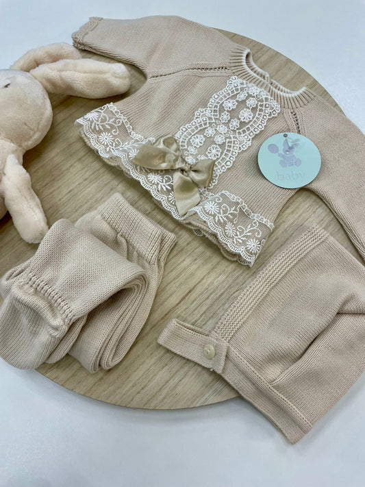 Conjunto Polaina Encanto Arena 3 Piezas Recién Nacido 0-6 Meses | Primera Puesta Bebé