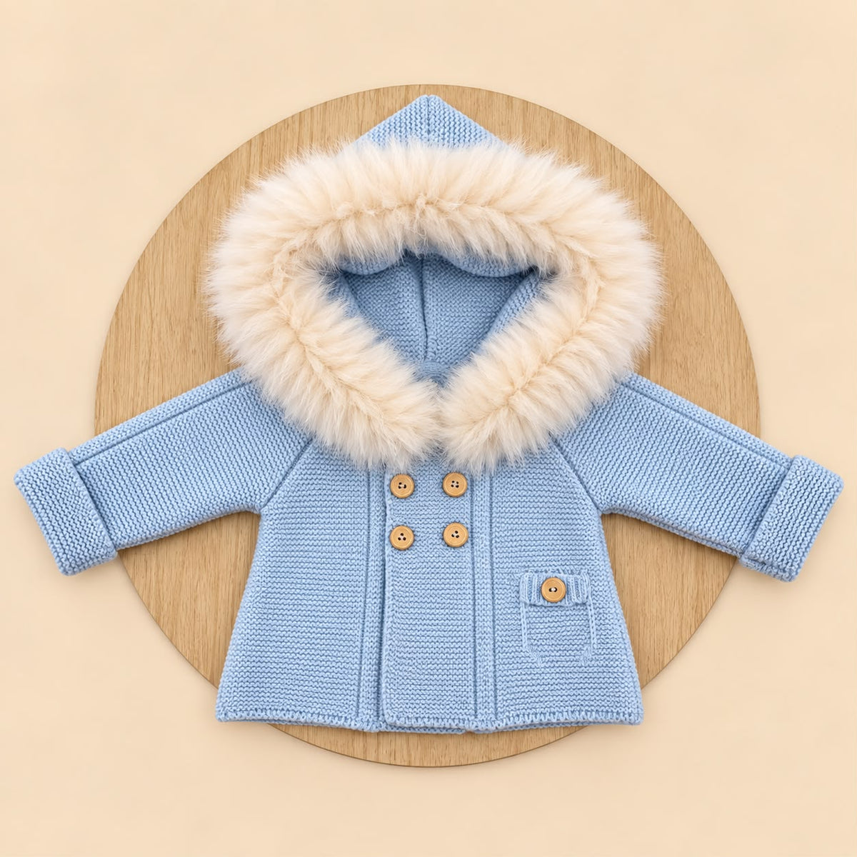 Chaqueta de Lana Acrílica Celeste con Pelo Sintético Desmontable para Bebé | 1 a 36 Meses