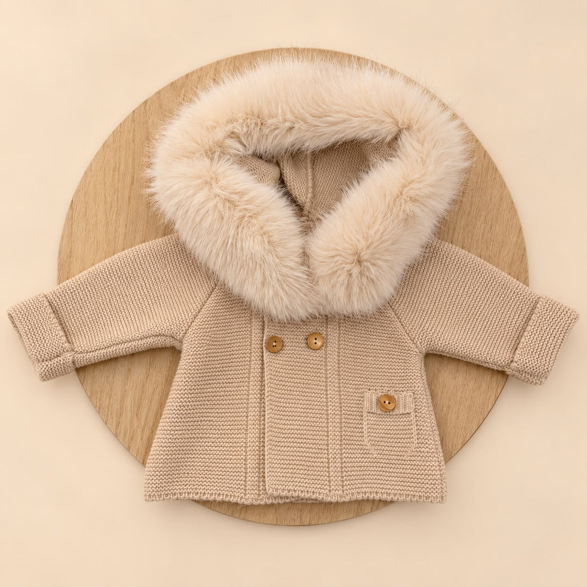 Chaqueta de Lana Acrílica Beige con Pelo Sintético Desmontable para Bebé | 1 a 36 Meses