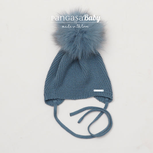 Gorro Orejero Aviador Azul Bruma Pangasa Baby 🌫️ 3-36M | Con pompón desmontable