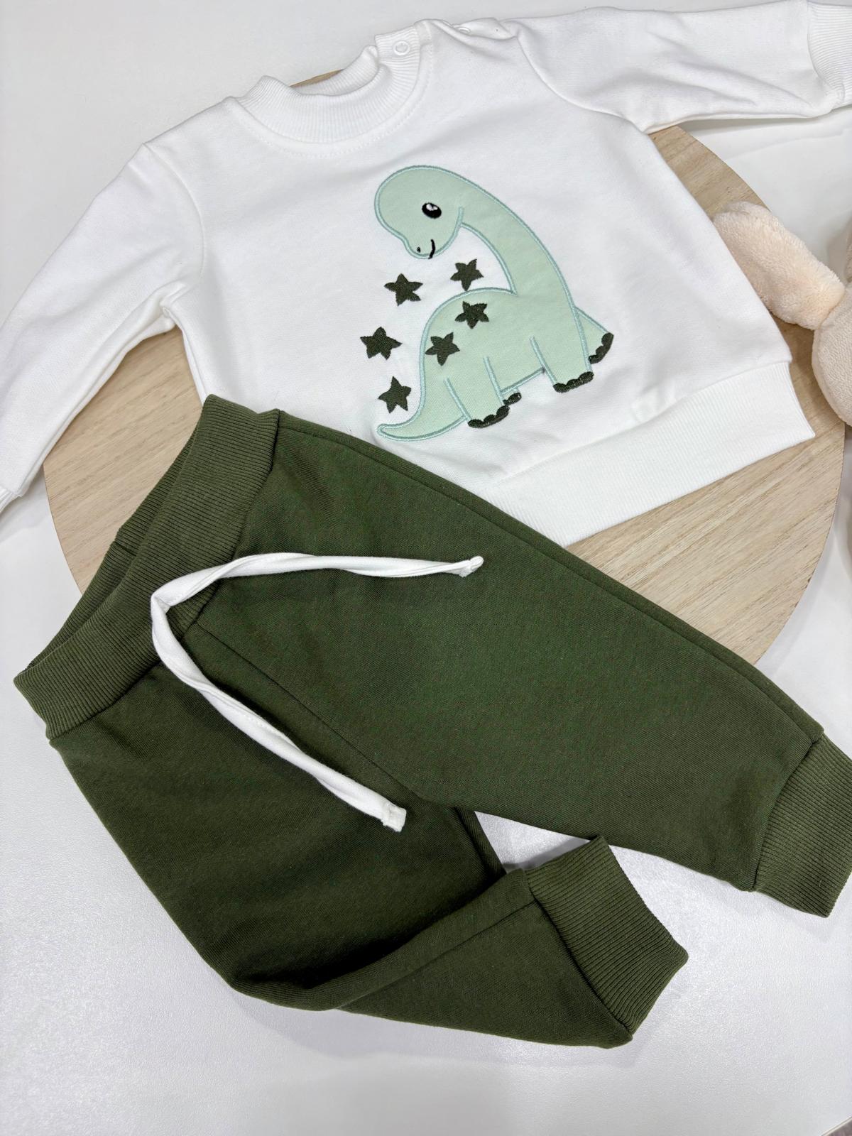 Chándal bebé niño sudadera blanca con dinosaurio y pantalón verde – 6-48 meses