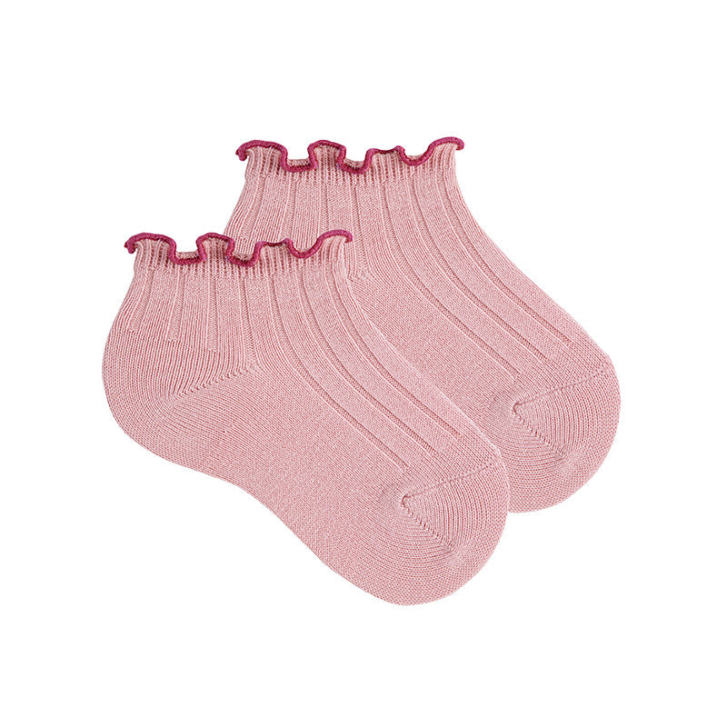Calcetines tobilleros bebe de canalé con puño en curling contrastado rosa palo Cóndor