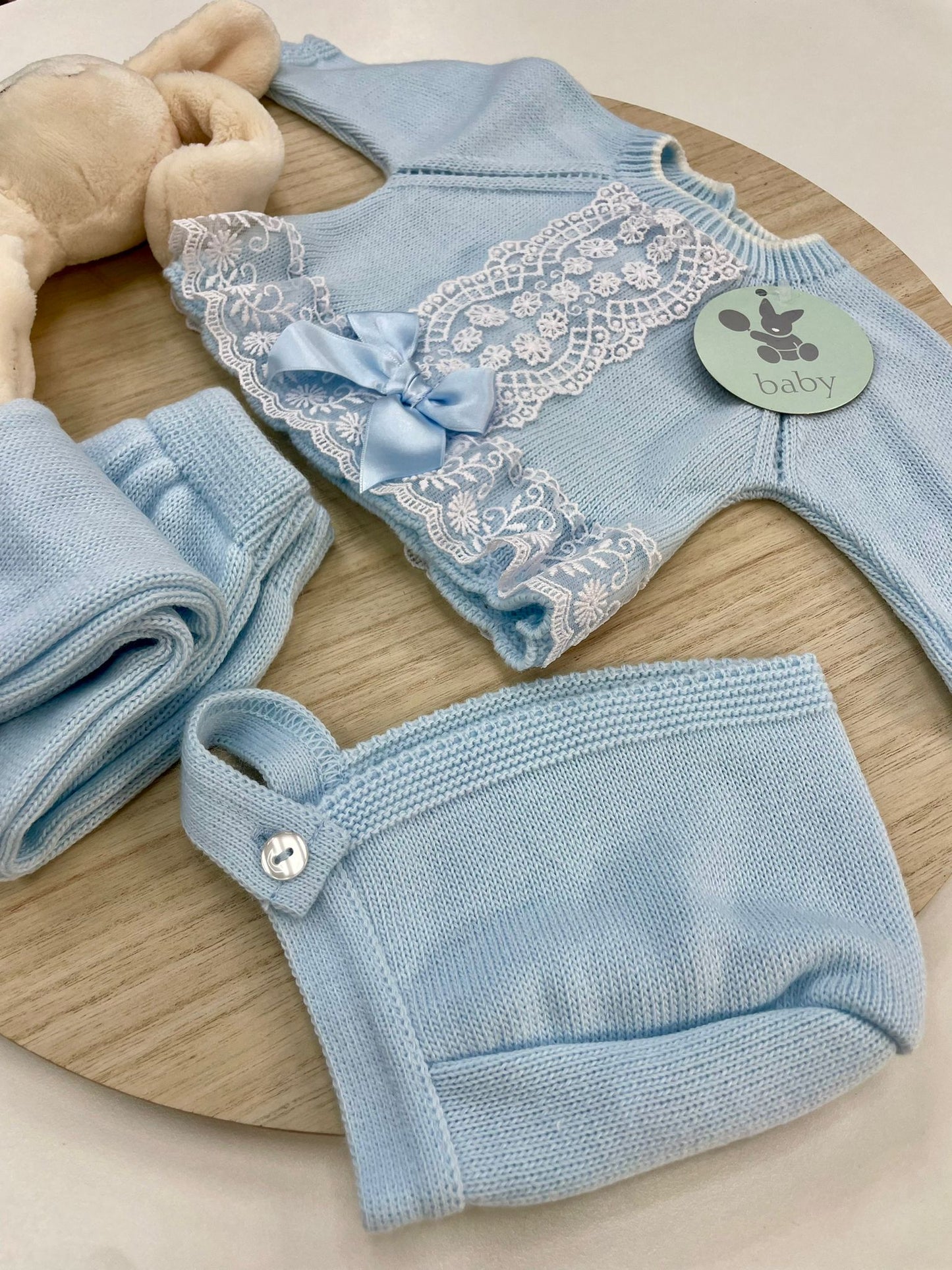 Conjunto Polaina Encanto Celeste 3 Piezas Recién Nacido 0-6 Meses | Primera Puesta Bebé