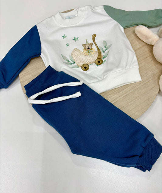 Chándal bebé bicolor con osito en carrito – Sudadera blanca y pantalón marino 6-48 meses
