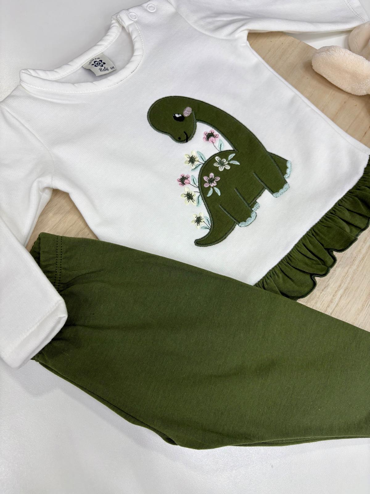 Conjunto bebé niña camiseta blanca dinosaurio y leggins verdes – 6-48 meses