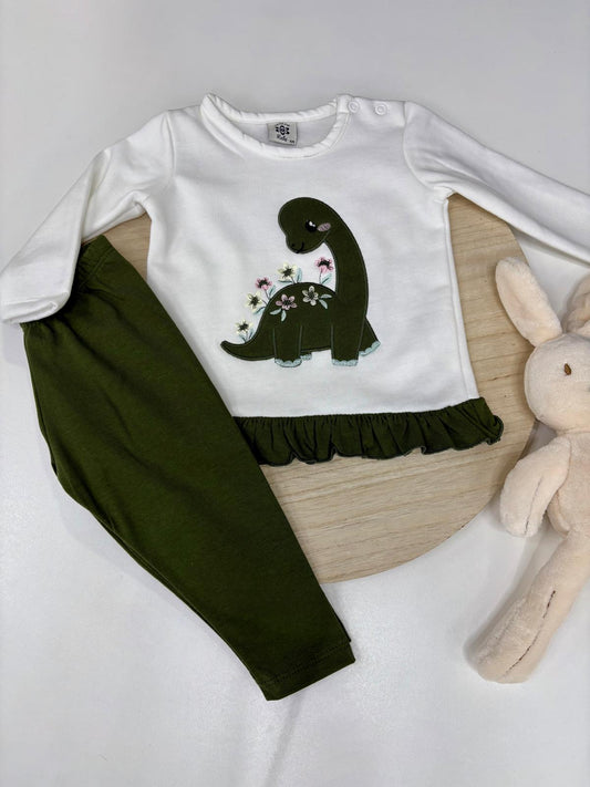 Conjunto bebé niña camiseta blanca dinosaurio y leggins verdes – 6-48 meses