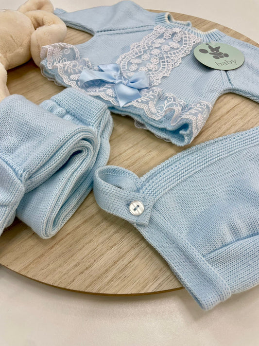 Conjunto Polaina Encanto Celeste 3 Piezas Recién Nacido 0-6 Meses | Primera Puesta Bebé