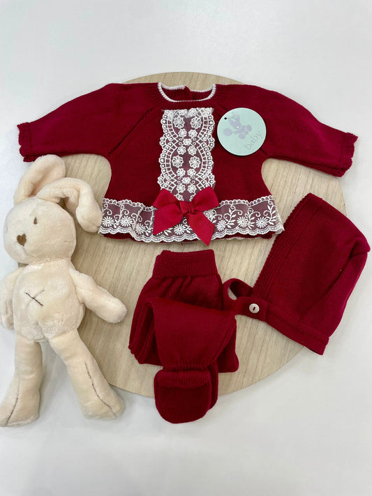 Conjunto Polaina Encanto Granate 3 Piezas Recién Nacido 0-6 Meses | Primera Puesta Bebé