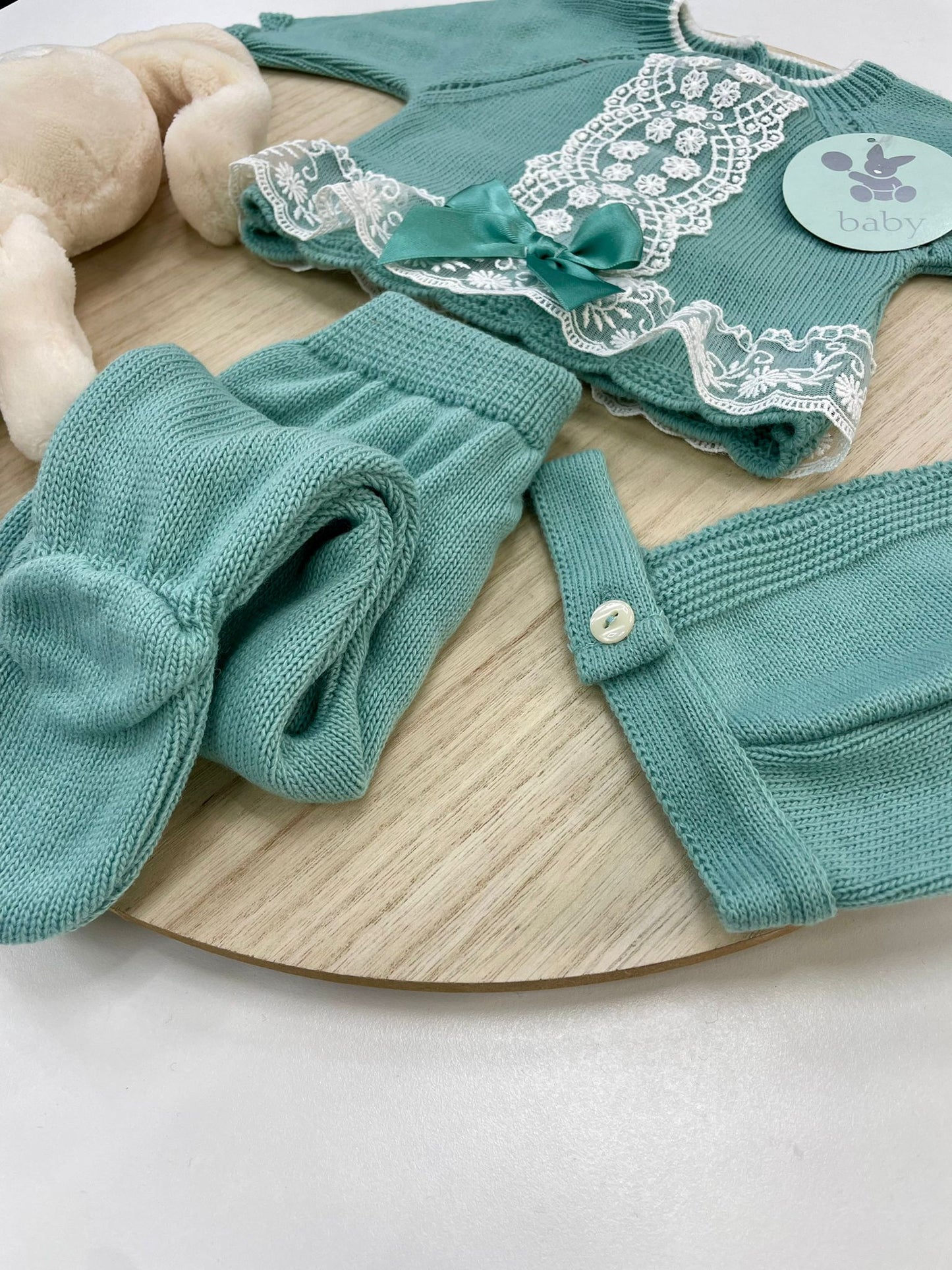 Conjunto Polaina Encanto Verde Mint 3 Piezas Recién Nacido 0-6 Meses | Primera Puesta Bebé