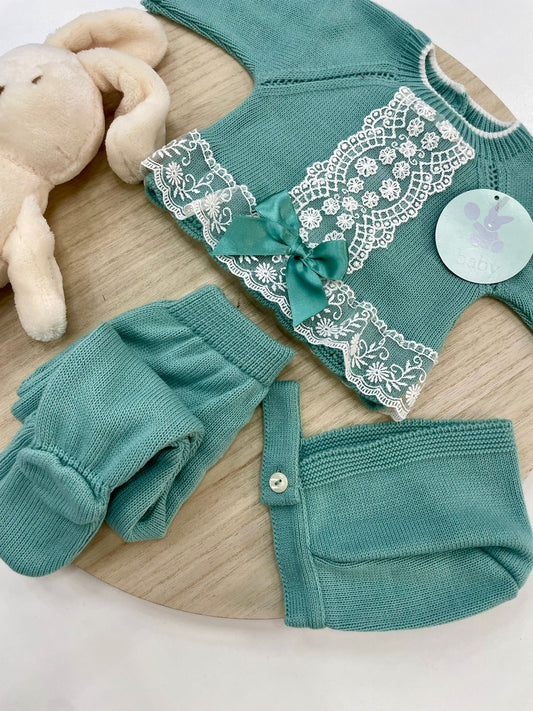 Conjunto Polaina Encanto Verde Mint 3 Piezas Recién Nacido 0-6 Meses | Primera Puesta Bebé