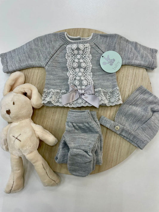 Conjunto Polaina Encanto Gris 3 Piezas Recién Nacido 0-6 Meses | Primera Puesta Bebé