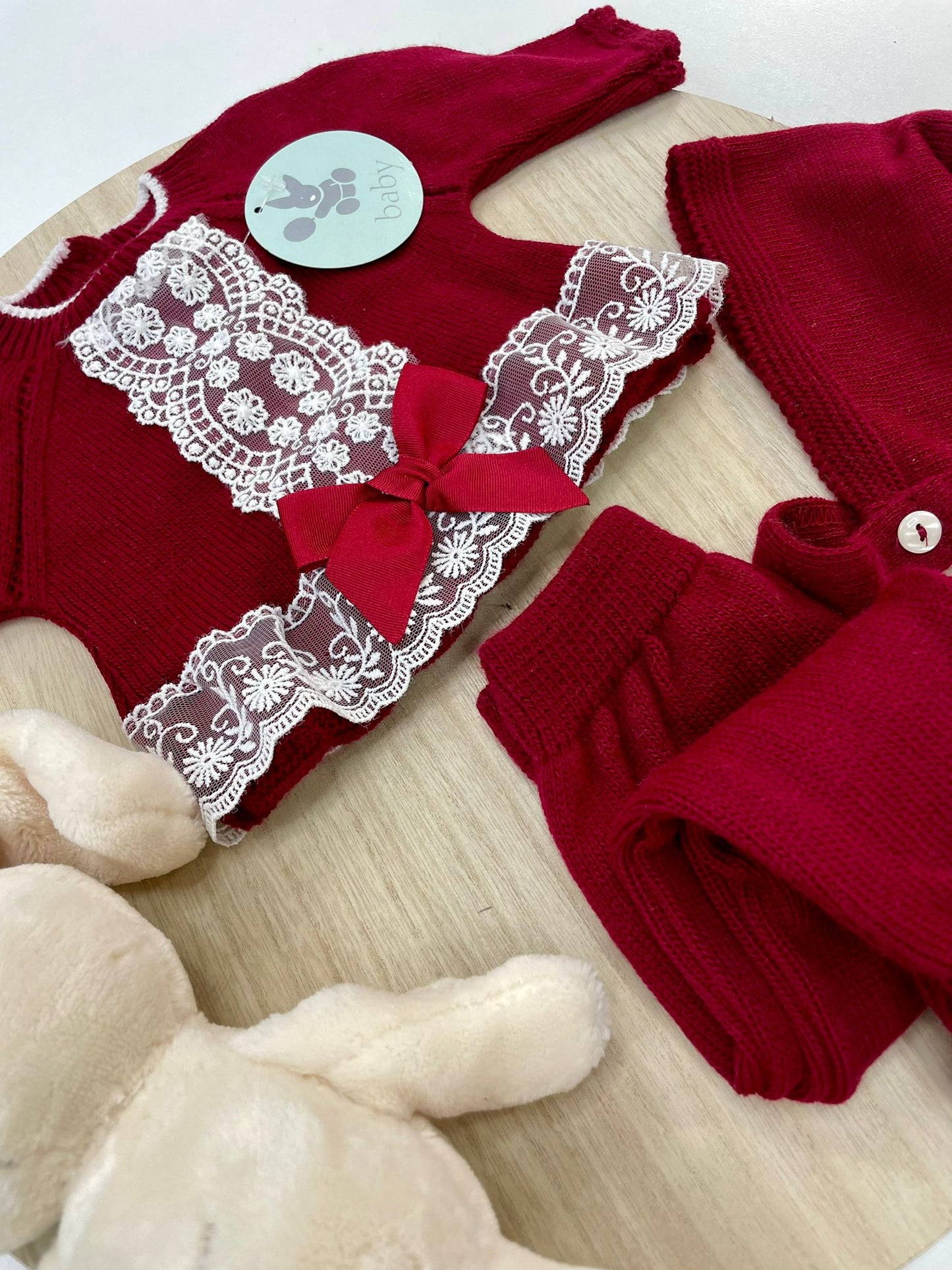 Conjunto Polaina Encanto Granate 3 Piezas Recién Nacido 0-6 Meses | Primera Puesta Bebé