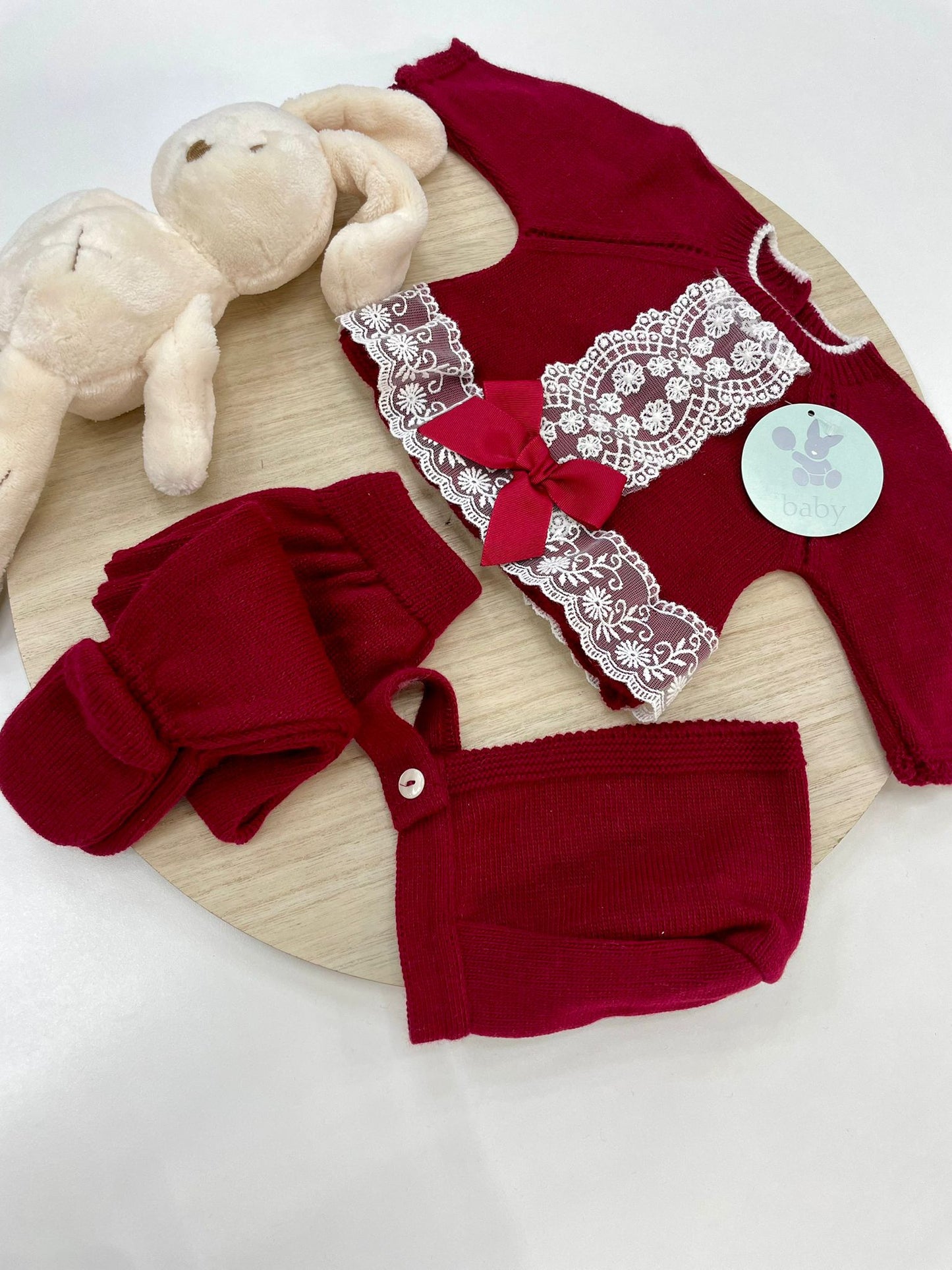 Conjunto Polaina Encanto Granate 3 Piezas Recién Nacido 0-6 Meses | Primera Puesta Bebé