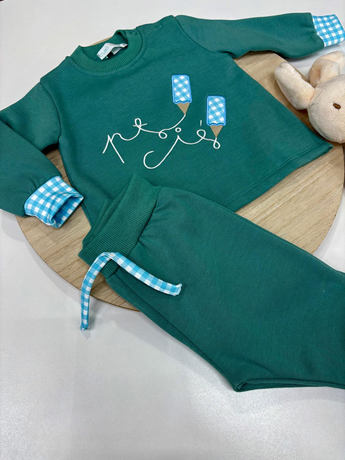 Chándal bebé niño verde agua con lápices Vichy celeste – 6-48 meses