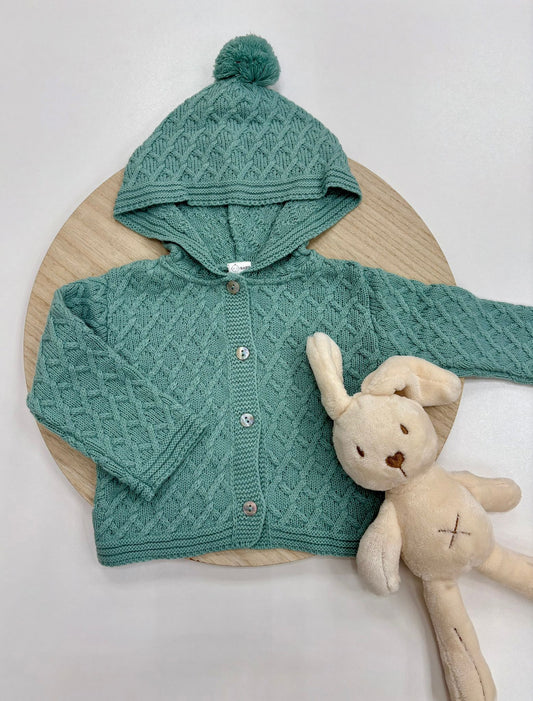 Chaqueta punto bebé con capucha y pompón color mint