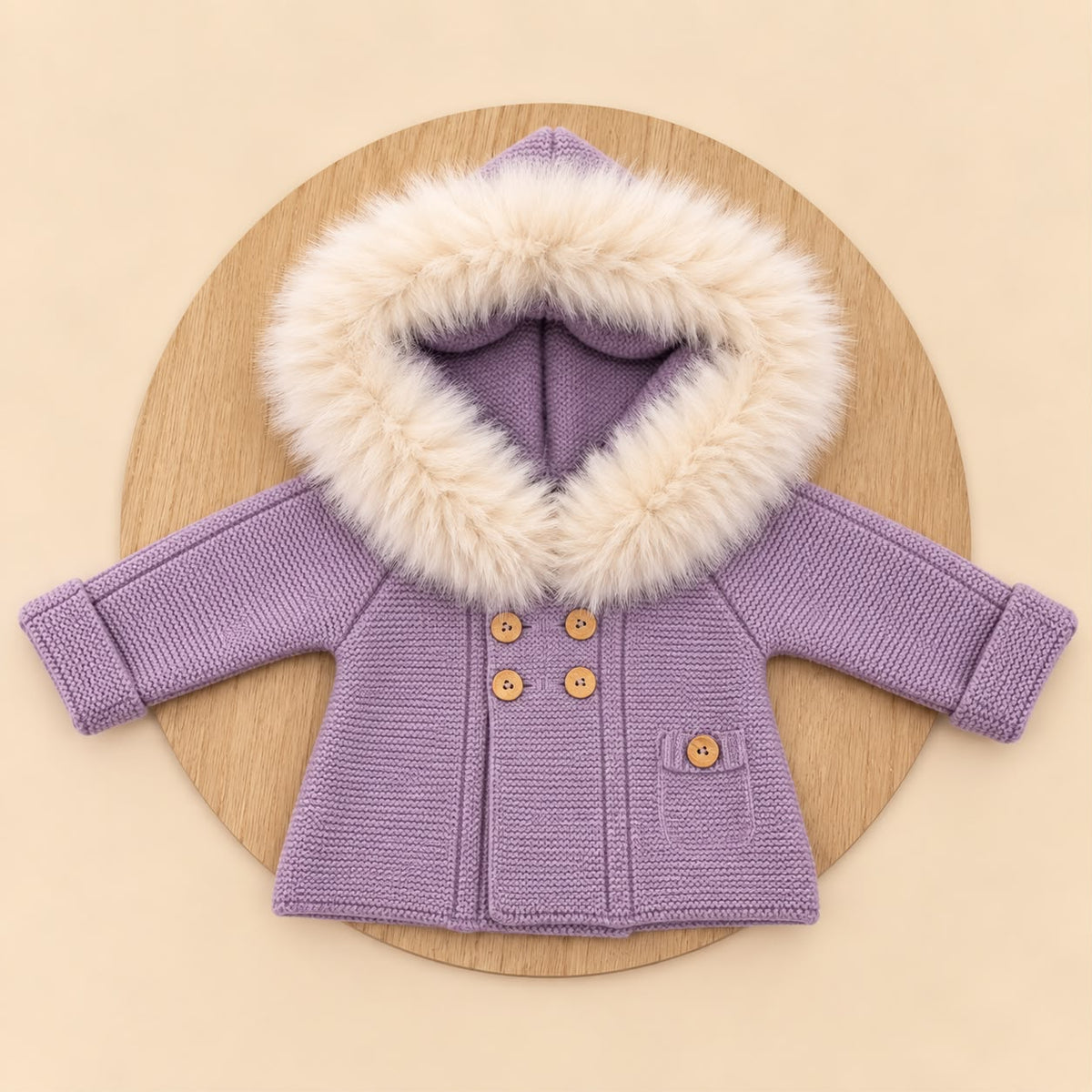 Chaqueta de Lana Acrílica Lila con Pelo Sintético Desmontable para Bebé | 1 a 36 Meses