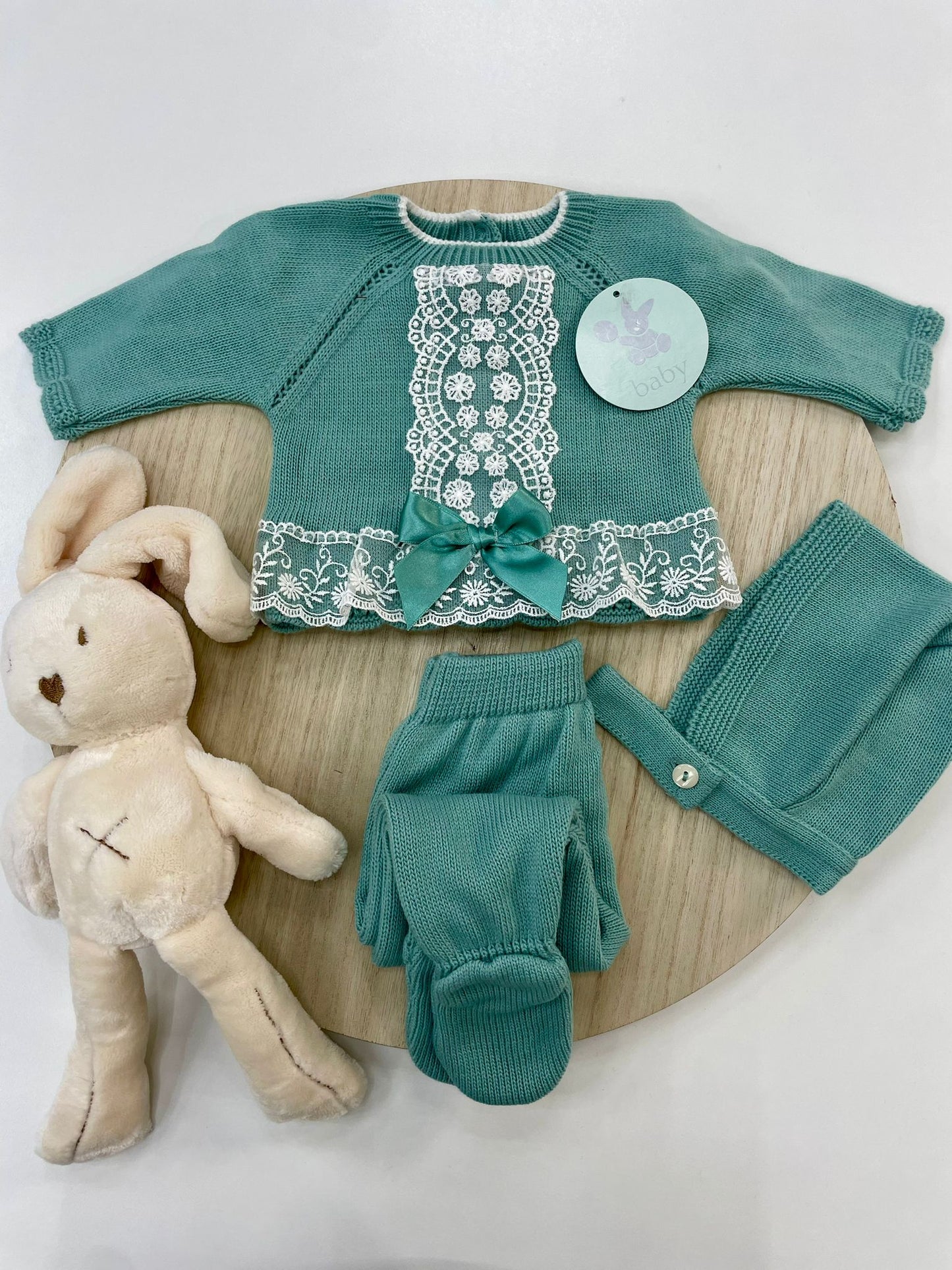 Conjunto Polaina Encanto Verde Mint 3 Piezas Recién Nacido 0-6 Meses | Primera Puesta Bebé