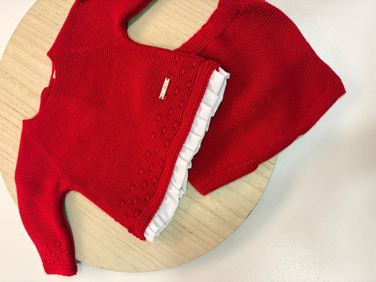 Conjunto de Lana Rojo con Jersey de Puntilla y Cubrepañal para Bebé | 1 a 24 Meses