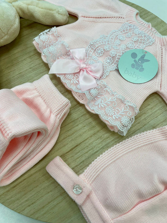 Conjunto Polaina Encanto Rosa Bebé 3 Piezas Recién Nacido 0-6 Meses | Primera Puesta