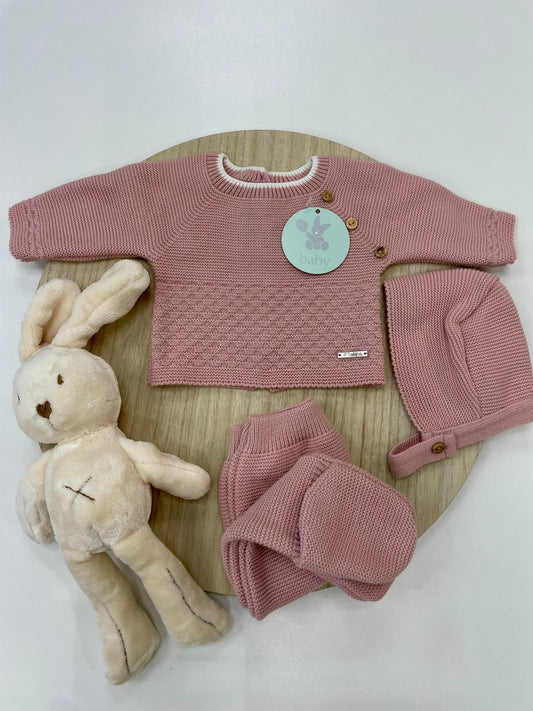 Conjunto Polaina Caricia Rosa Empolvado 3 piezas recién nacido 00-6 meses | Primera puesta bebé