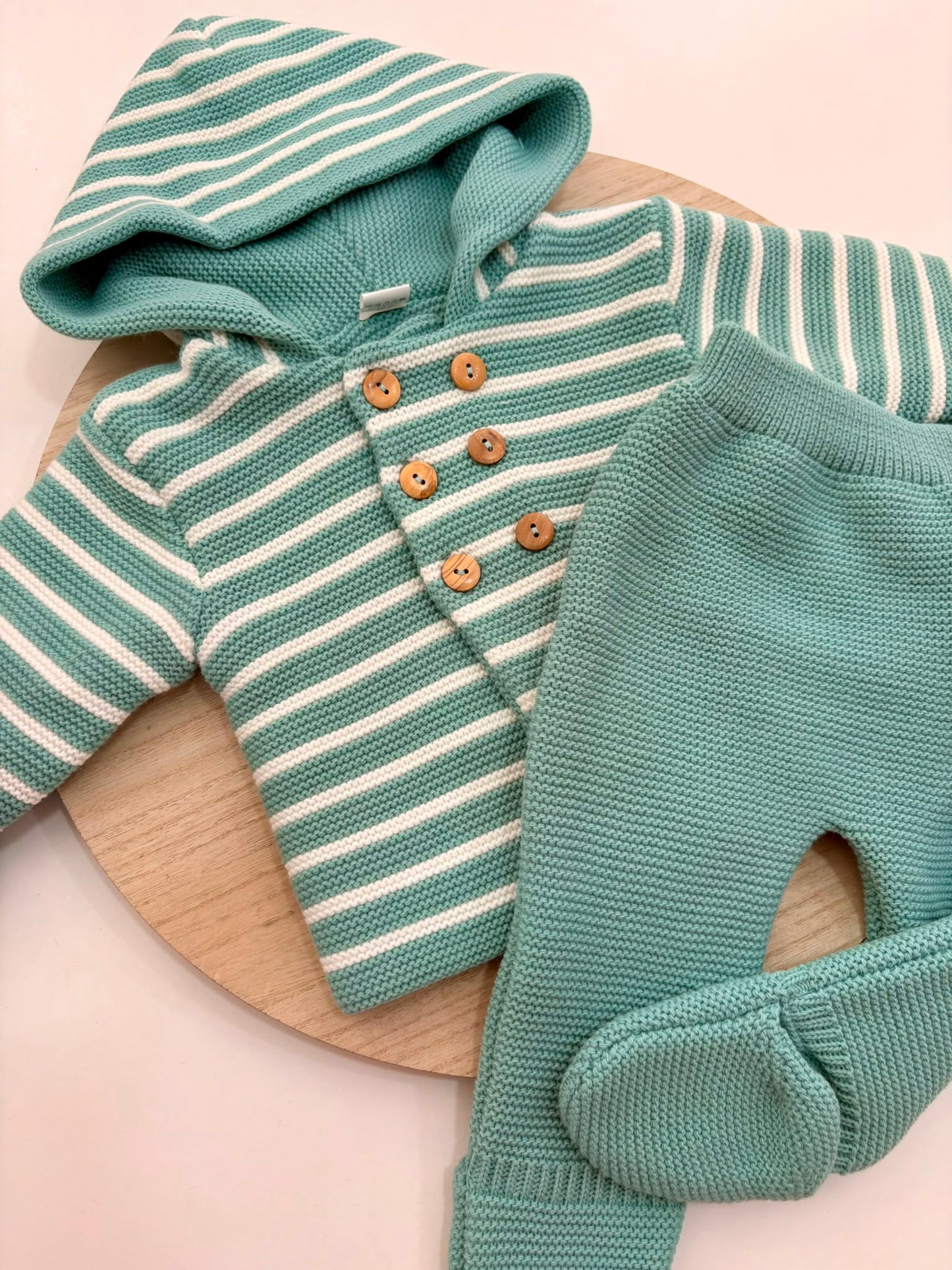 Conjunto de Punto Rayas San Francisco Verde Mint para Bebé con Capucha y Polaina | Siju Moda Infantil