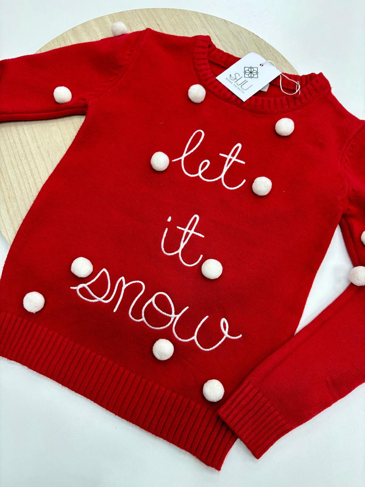 Jersey infantil 4-14 años rojo 🎄 “Let it Snow” con pompones blancos – Navidad divertida y cálida