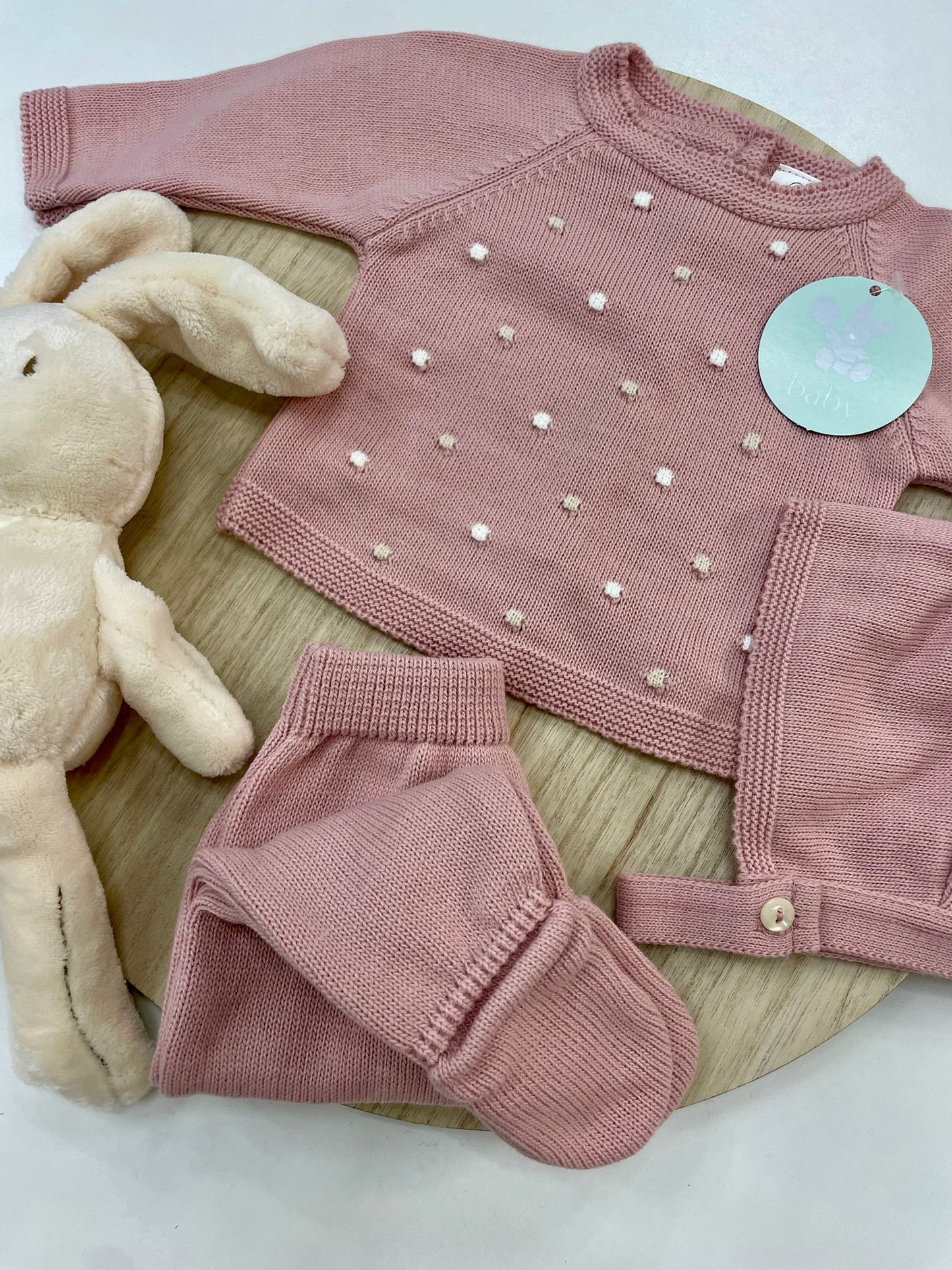 Conjunto Polaina Topitos Rosa Empolvado 3 piezas recién nacido 00-6 meses | Primera puesta bebé