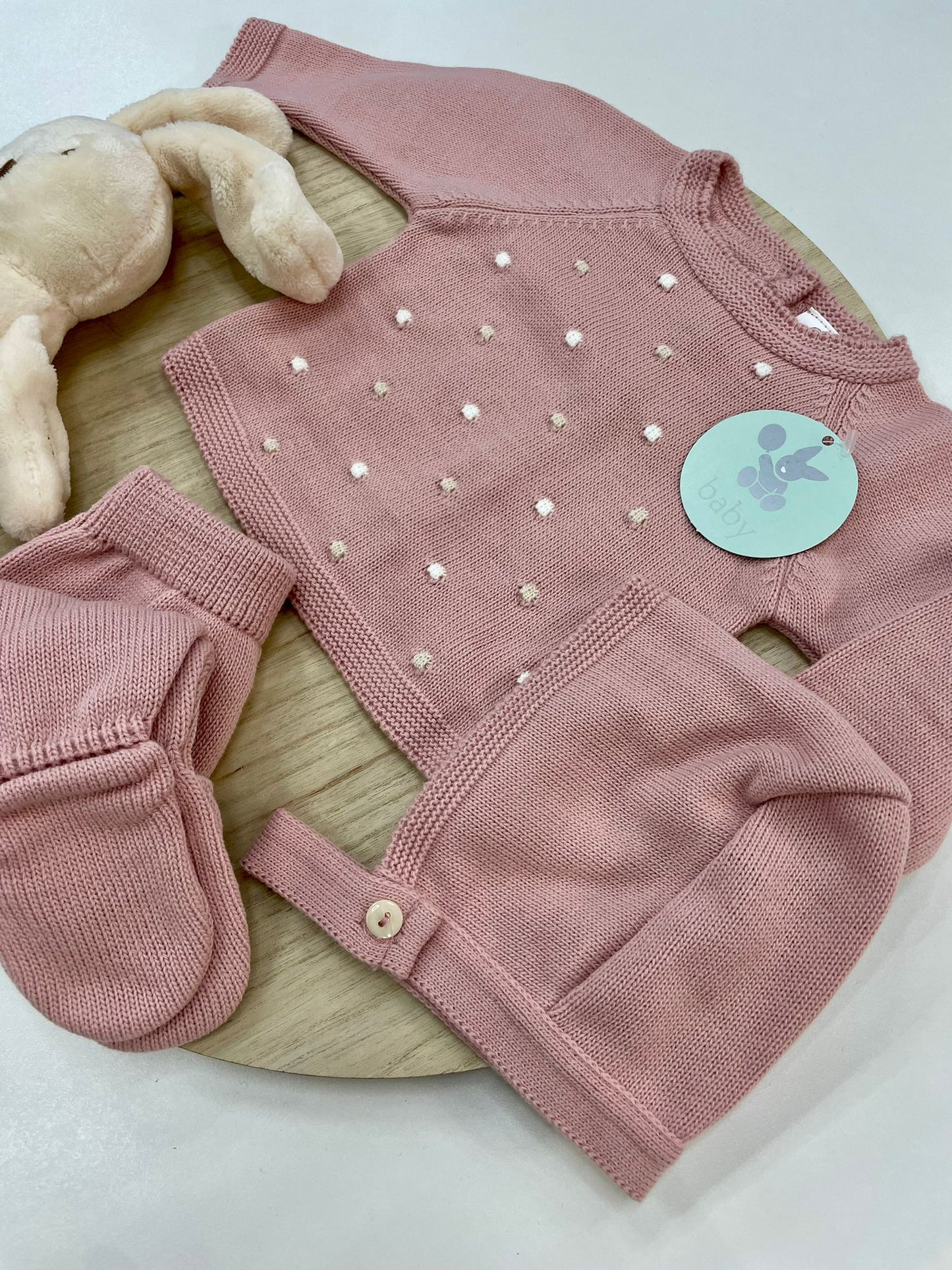 Conjunto Polaina Topitos Rosa Empolvado 3 piezas recién nacido 00-6 meses | Primera puesta bebé