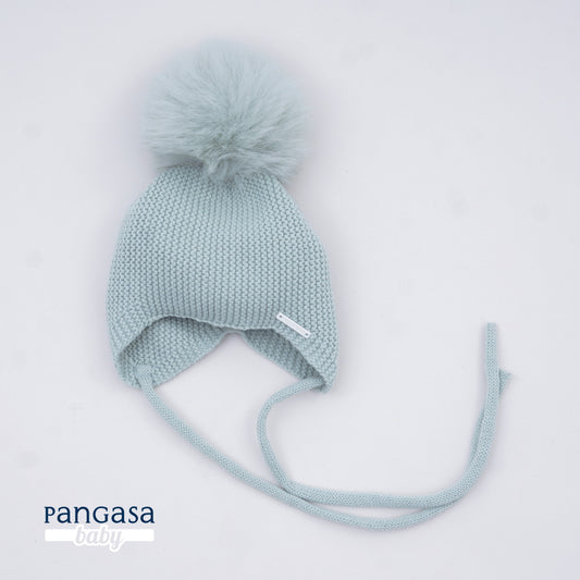 Gorro Orejero Aviador Verde Mint Pangasa Baby 🌿 3-36M | Con pompón desmontable